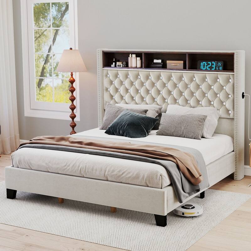 Moasis King Size Velvet Upholstered Bed Frame with Storage Headboard with USB Charging Stations - Beige