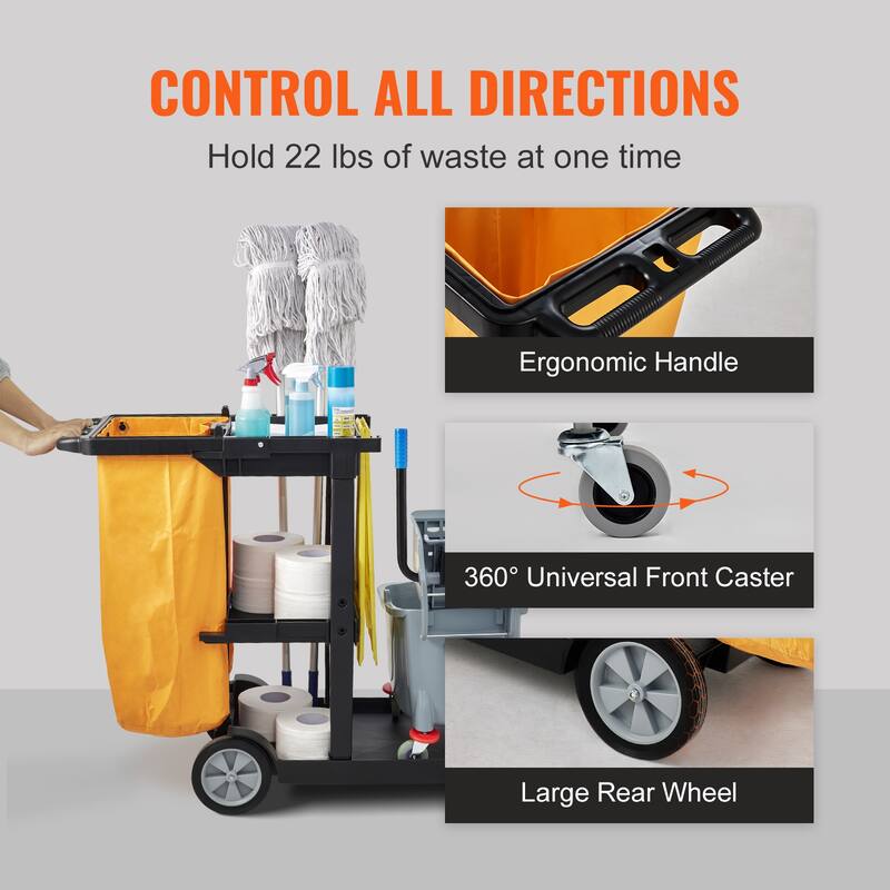 Cleaning Cart, 3-Shelf Commercial Janitorial Cart, 200 lbs Capacity Plastic Housekeeping Cart, with 25 Gallon PVC Bag