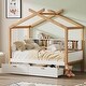 preview thumbnail 1 of 6, White Twin Size Wooden House Bed with Storage Bookshelf Original Wood Colored Frame with Two Drawers for Children or Guest Room White - Twin