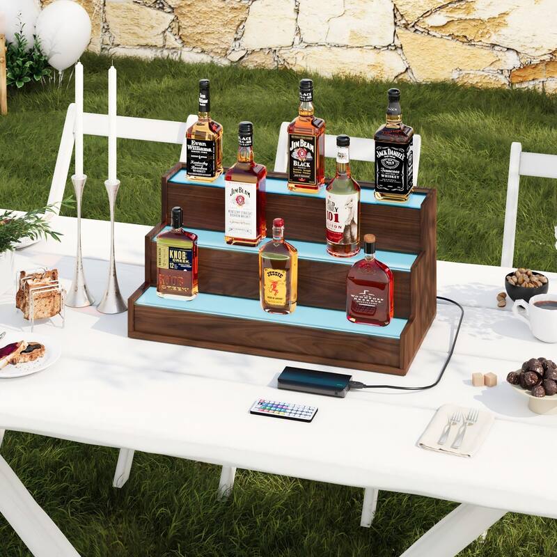 EROMMY LED Lighted Wine & Liquor Display Shelf with Remote, 3-Tier Tabletop Bar Rack, USB Powered