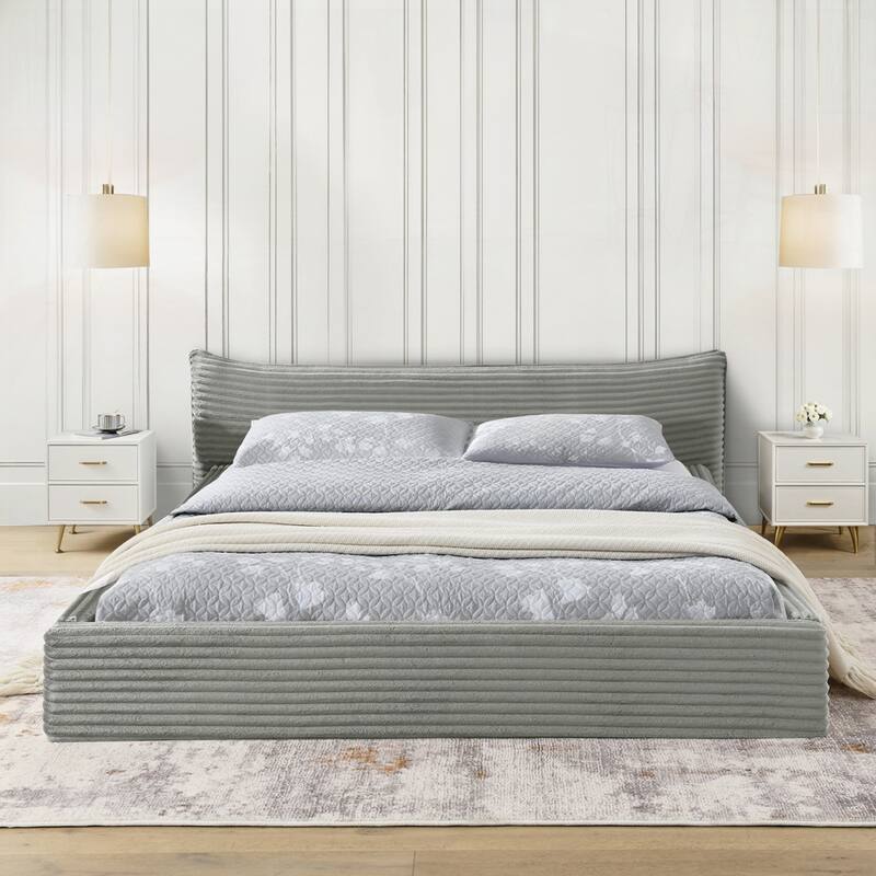 Grounded Platform Bed with Decorative Curved Headboard and Solid Wood Frame