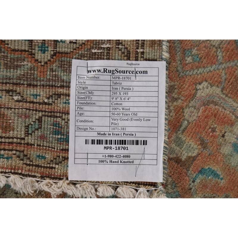 Geometric Tabriz Vintage Persian Rug Hand-Knotted Wool Carpet - 6'4" x 9'8"