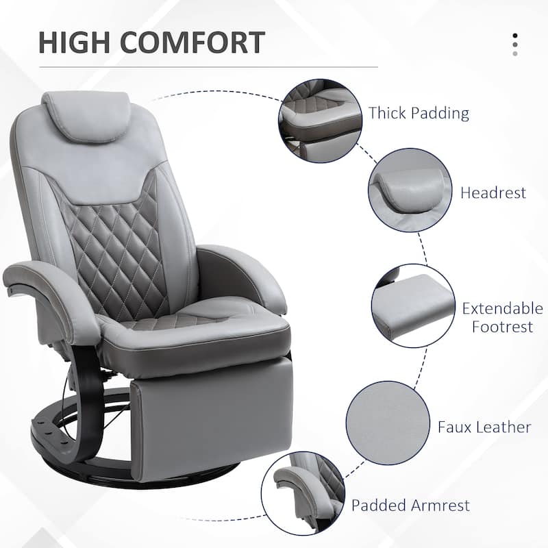 HOMCOM PU Recliner Reading Armchair with Footrest, Headrest and Round Steel/Wood Base for Living Room or Office, Grey