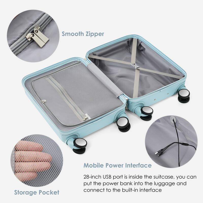 Merax 3 Piece ABS Hardshell Front-Opening Luggage Sets, Carry on Suitcase with USB Port and Cup Holder & Spinner Wheels