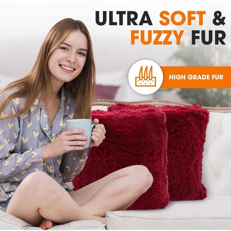 Cheer Collection Super Soft Shaggy Long Hair Throw Pillows Set of 2 Plush Accent Cushions