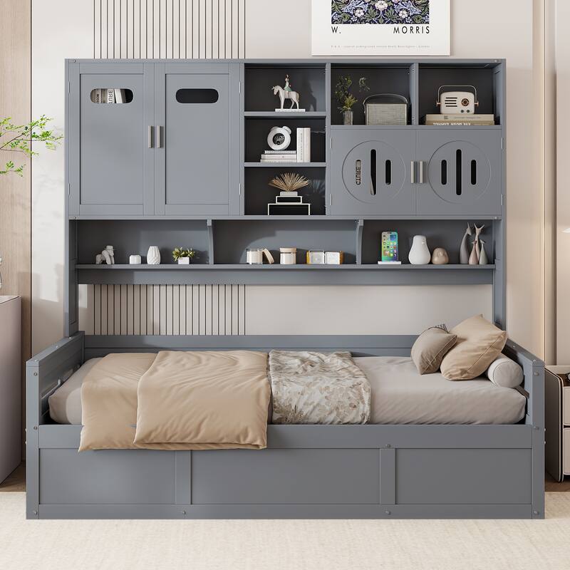 Wooden Daybed Storage Platform Bed with All-in-One Cabinet and Shelf, 10 Slats Multi-Functional Space-Optimizing Bed Frame