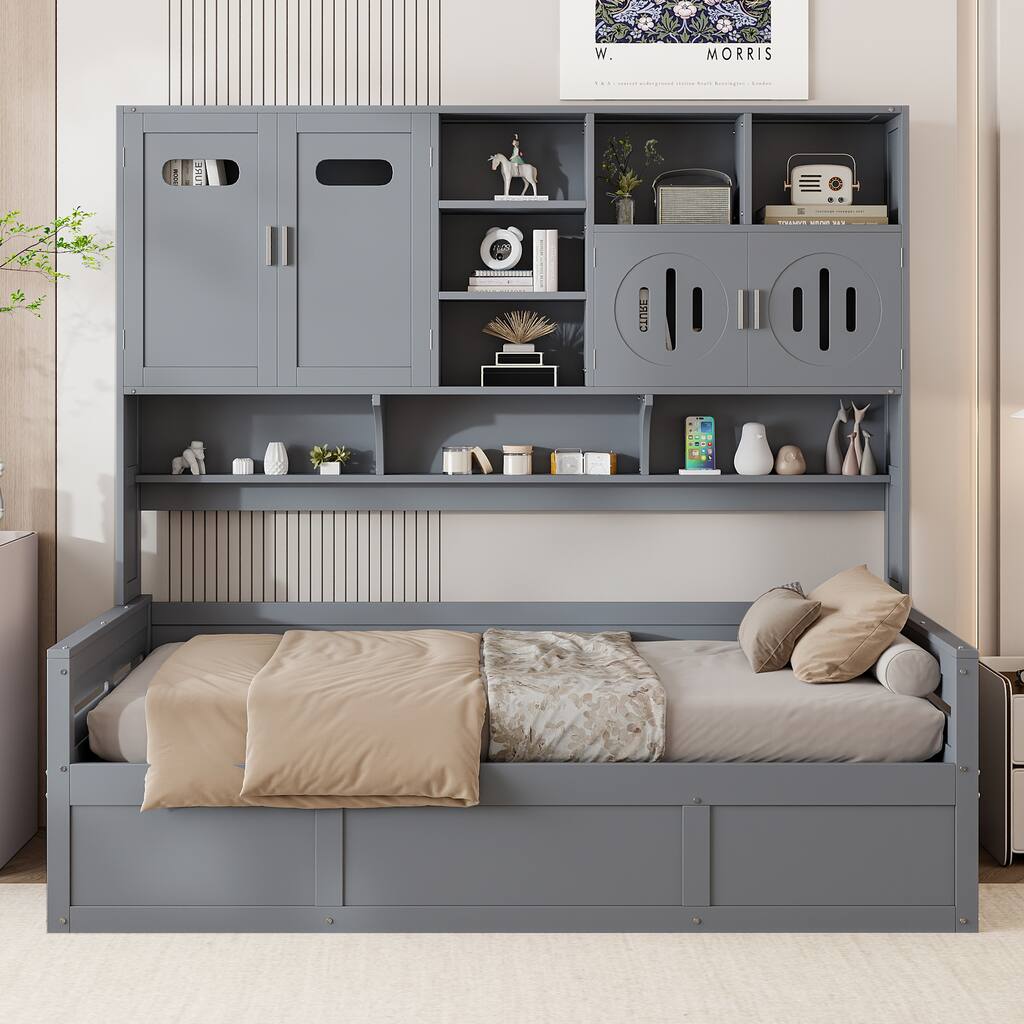 Wooden Daybed With Hydraulic bed and All-in-One Cabinet and Shelf