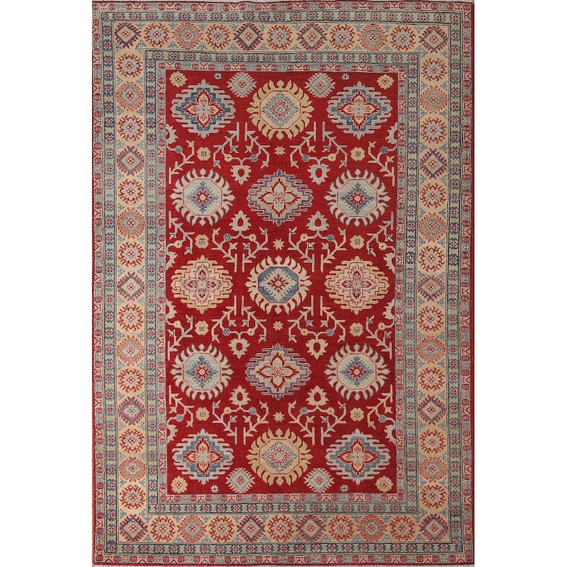 Red Geometric Kazak Area Rug Handmade Oriental Wool Carpet - 6'0" x 8'10"