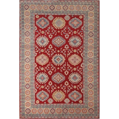 Red Geometric Kazak Area Rug Handmade Oriental Wool Carpet - 6'0" x 8'10"