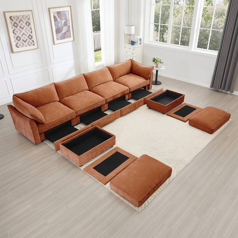 GDFStudio - Chenille U-Shaped 4-Seater 146.4" Modular Sofa with 2 Ottomans and Storage Drawers