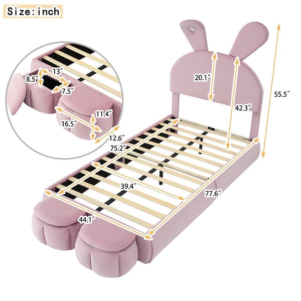 Wooden Twin Size Upholstered Platform Bed Frame with Cartoon Ears Shaped Headboard, Kid's Bed with Light, Pink