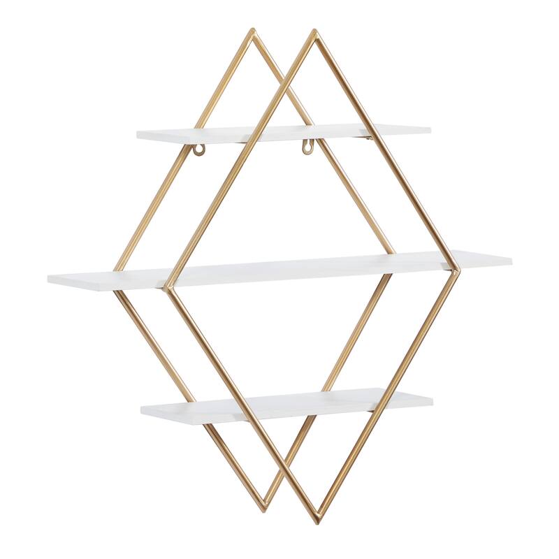Wooden 3 Shelves Wall Shelf with Diamond Shape - Gold - Roche River Decor