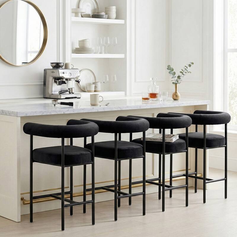 Modern 24" Upholstered Velvet Solid Back Counter Stool with Arms - Black-4-piece - Set of 4