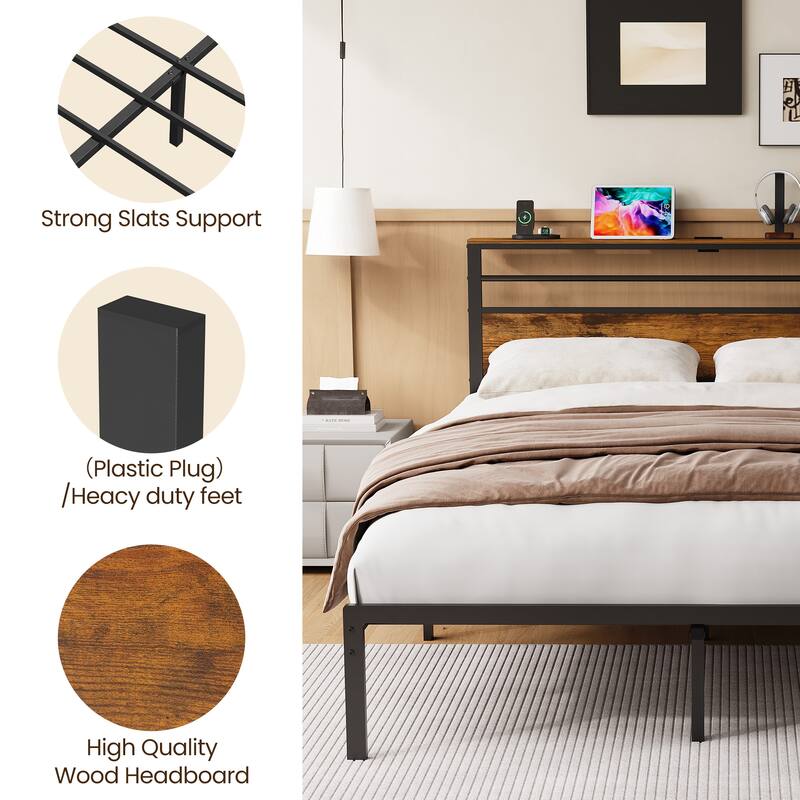 Vintage Industrial Bed Frame with Storage & LED Lights
