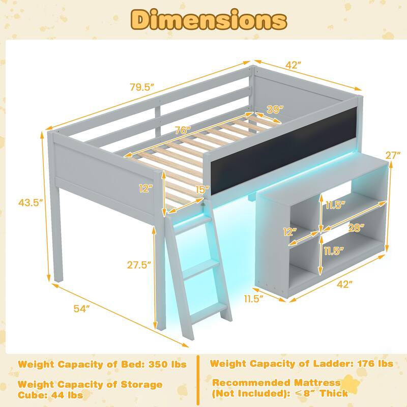 Gymax Kids Loft Bed w/LED Lights Chalkboard & Removable Bookcase