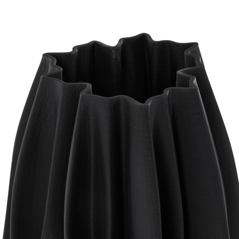 Black Ceramic Dimensional Wavy Ribbed Abstract Vase with Floral Shaped Rim