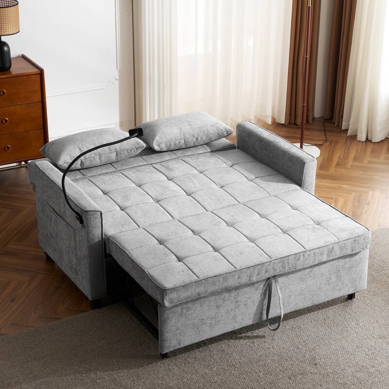 Roomfitters Loveseat Pull-Out Sofa Bed with Reversible Backrest Cushion, Side Pockets, USB Ports, and Phone Holder