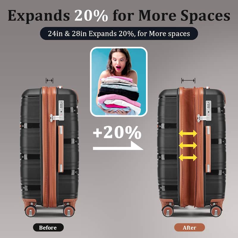4-Piece, 14/20/24/28-Inch Modern Lightweight Luggage Expandable Luggage with Spinner Wheels, for Boarding Travel, Black