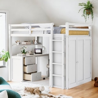 Full Size White Loft Bed with Drawers, Desk and Wardrobe - Bed Bath ...