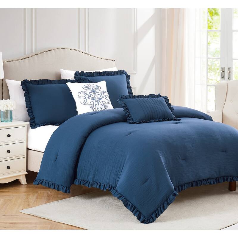 Portland Ruffled Washed Comforter Set - Navy - King