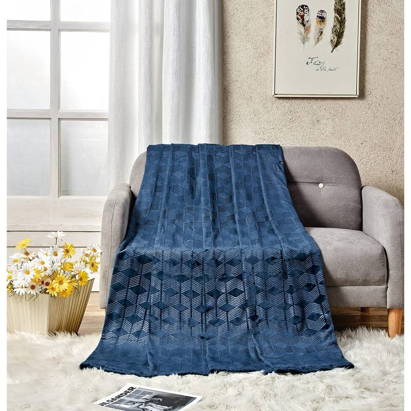 Ultra Plush by Décor&More Queen Size Chevron Arrow Jacquard Microplush Blanket (86" x 86") - Navy