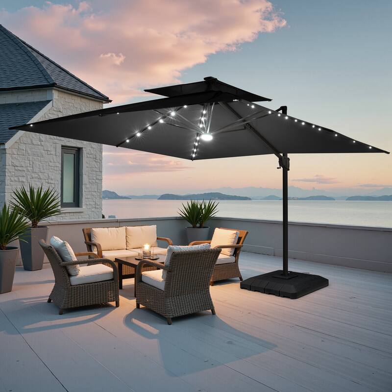 11FT Patio Cantilever Umbrella LED Lights Double Top Umbrella with 4-Piece Fillable Weighted Base - Black