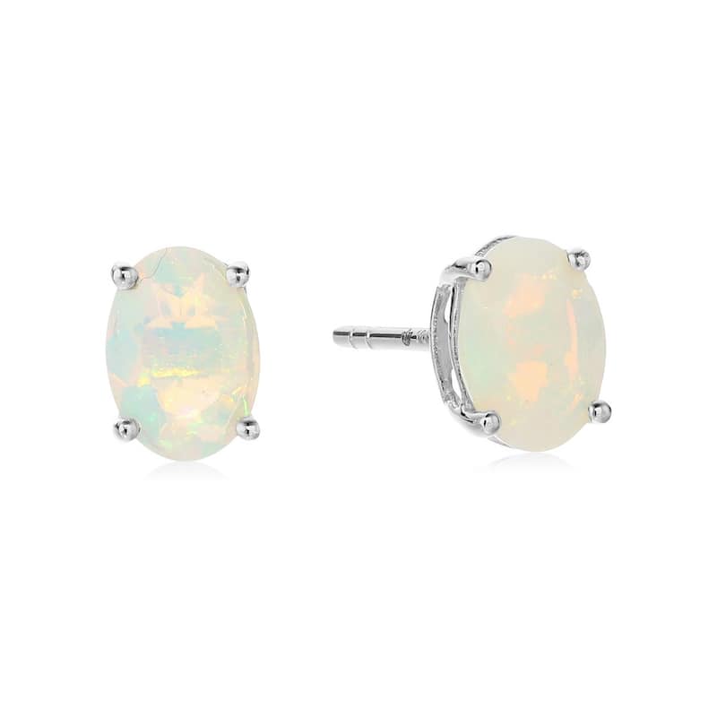 Sterling Silver 8x6 Oval Genuine Gemstone Birthstone Stud Earrings - White - Opal