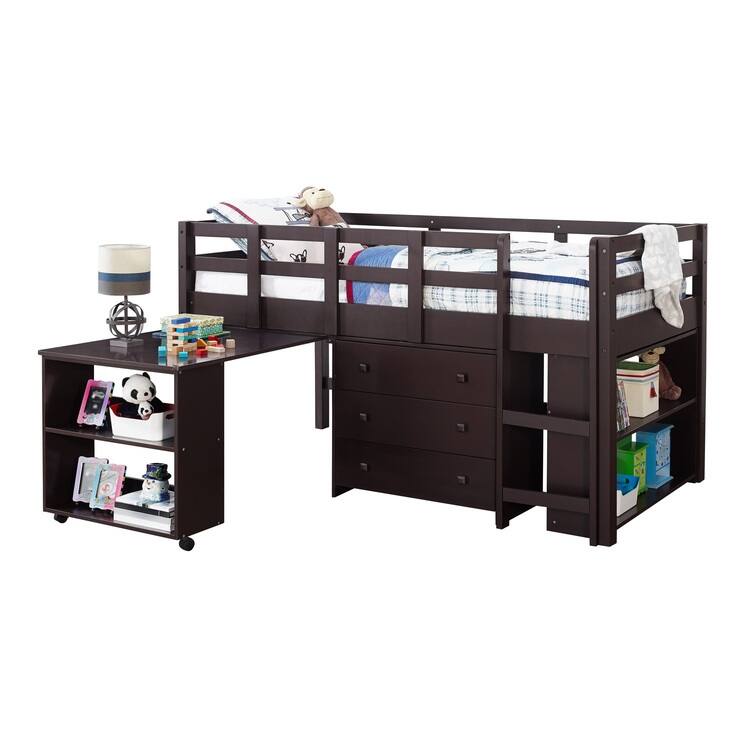 Twin Size Loft Bed with Desk Low Study Kids Twin Loft Bed with Storage Pine Wood Loft Bed for Kids Twin Loft Bed with Cabinet