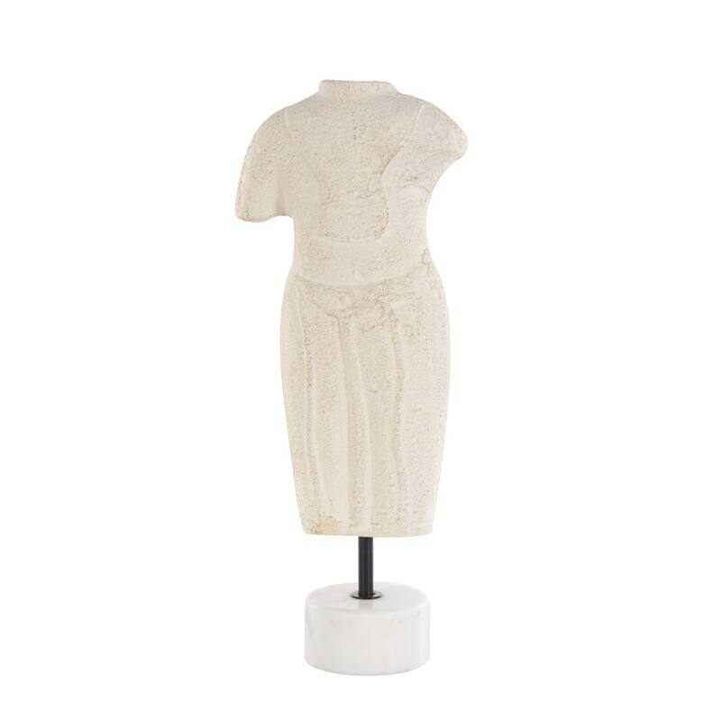 Cream Paper Mache Distressed or Antique Greek Inspired Statue People Decorative Sculpture with White Marble Base