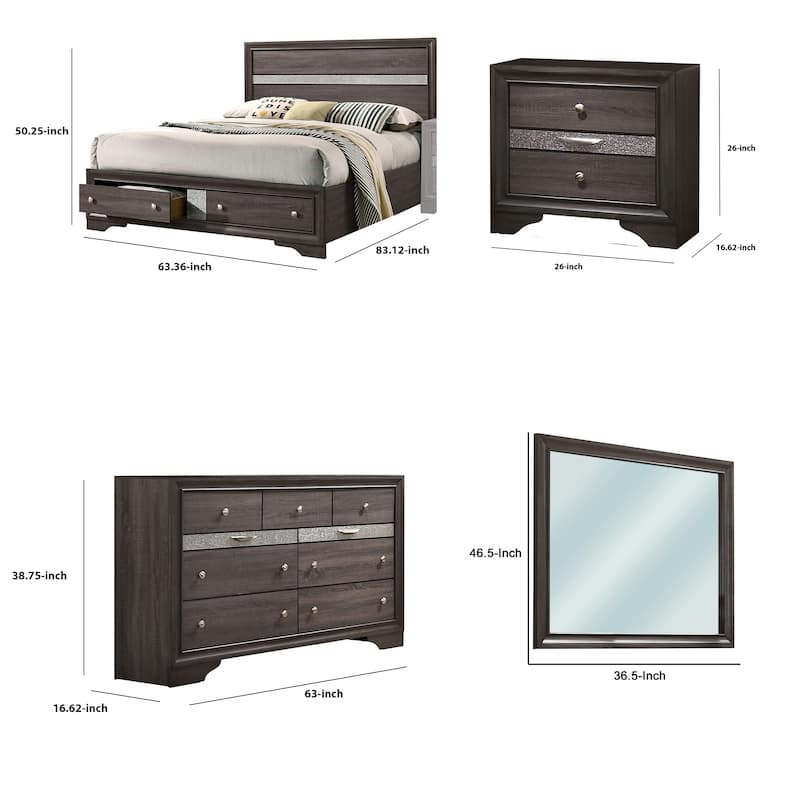Isy Four Piece Queen Size Bedroom Set, Silver Accent Knobs, Contemporary Gray