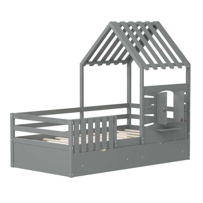 Twin Size House Bed With 2 Drawers and Guardrails