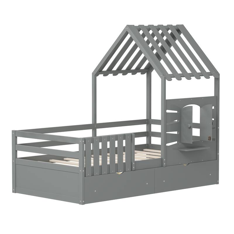 Twin Size House Bed w/ 2 Storage Drawers & Guardrails, Playhouse Bed w/ Roof and Window, Wooden Bed for Girls & Boys, White