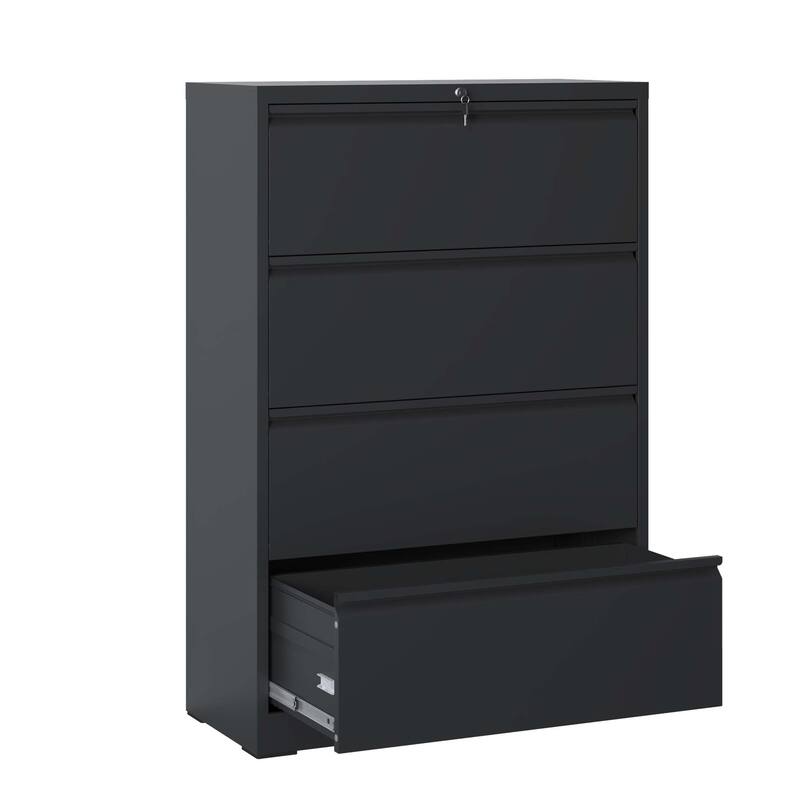 Lateral File Cabinet 4 Drawer, Black Filing Cabinet with Lock, Lockable File Cabinet, Locking Metal File Cabinet - Black