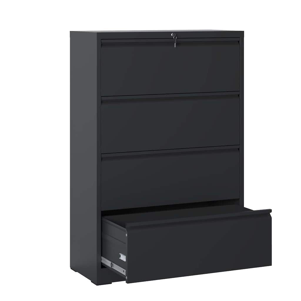 Lateral File Cabinet 4 Drawer, Black Filing Cabinet with Lock, Lockable File Cabinet, Locking Metal File Cabinet