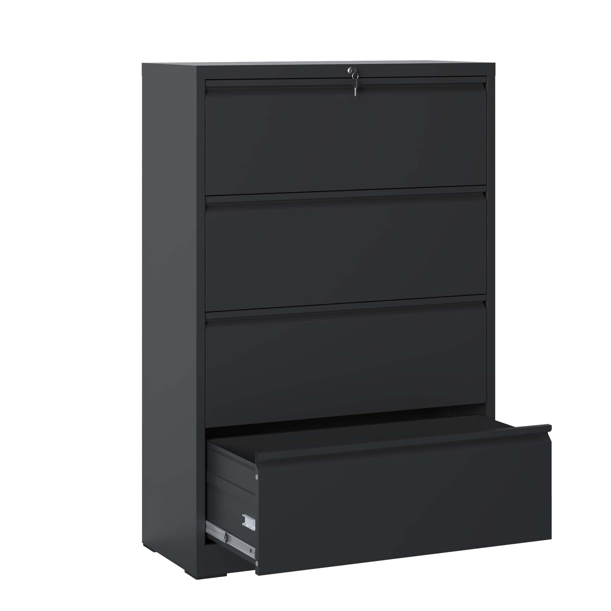 Lateral File Cabinet 4 Drawer, Black Filing Cabinet with Lock, Lockable File Cabinet, Locking Metal File Cabinet