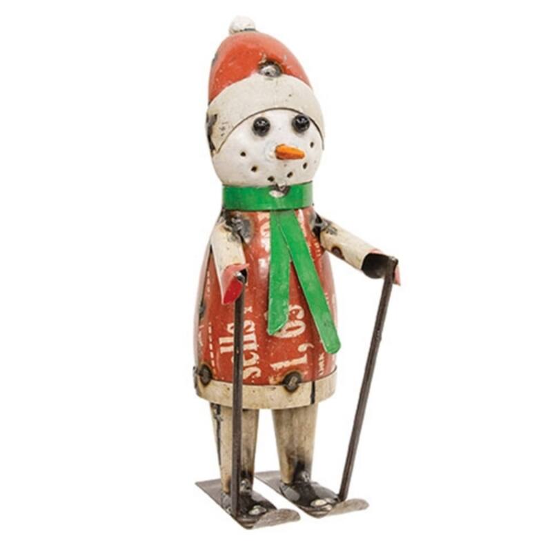 White Red Green Metal Skiing Snowman Figurine with Scarf, Hat and Ski Accessories - 4.25 x 5 x 12 in - White-Red-Green