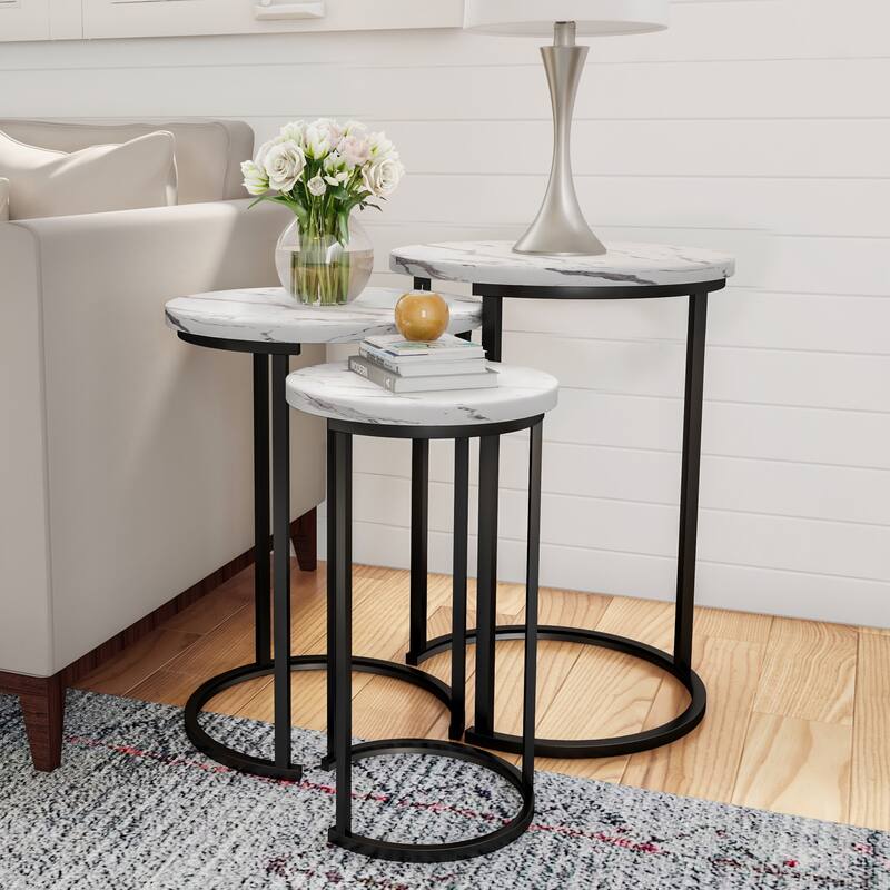 Lavish Home Round Living Room End Tables Nesting Tables, Set of 3 - White Faux Marble