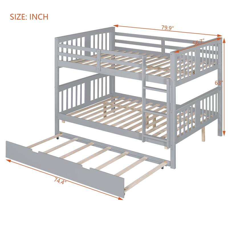 Full over Full Bunk Bed with Twin Trundle, Ladder & Slats - Gray/White/Espresso, Converts to 2 Beds