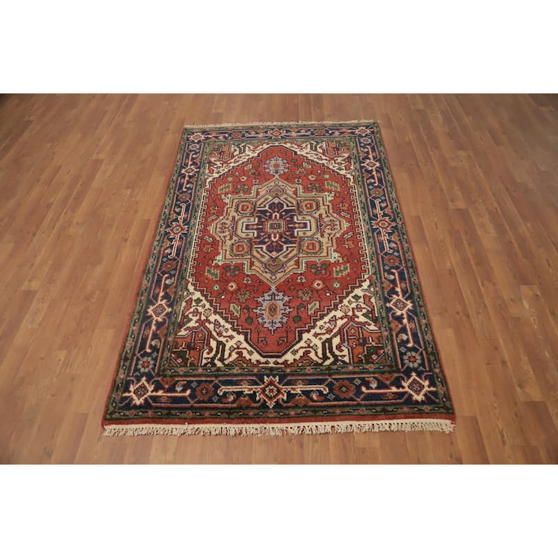 Hand Knotted Oriental 100% Wool Carpet Traditional Medallion Oranges & Rust Heriz (serapi) Area Rug - 6' 2'' X 4' 0''