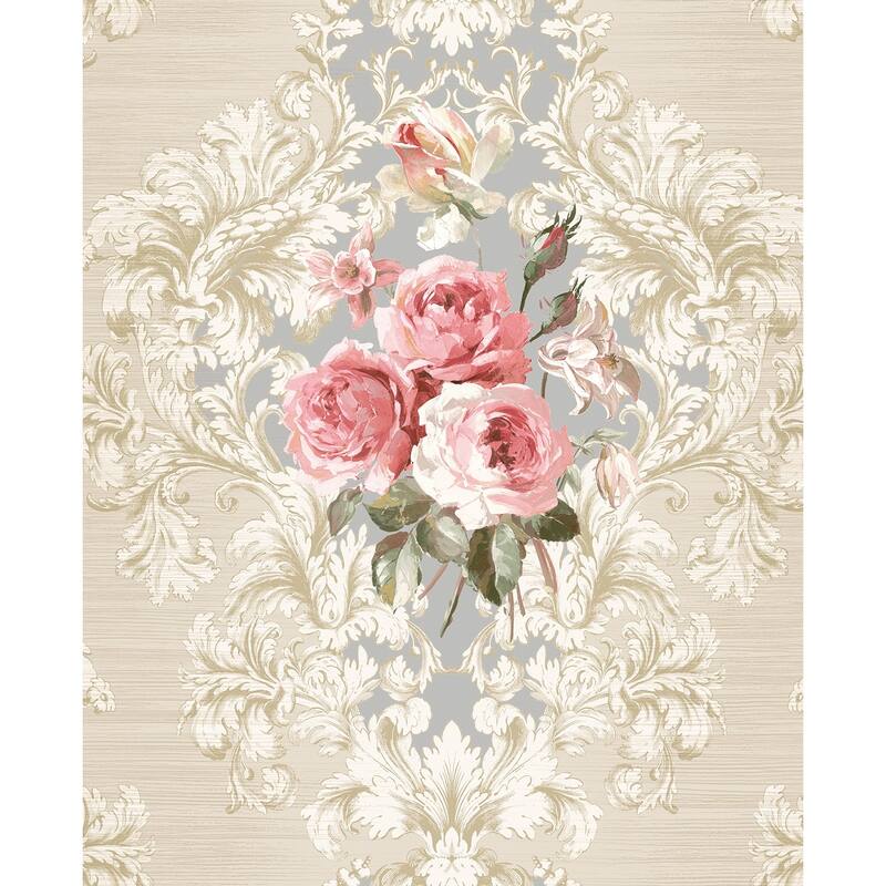 Seabrook Designs Vesper Floral Cameo Unpasted Wallpaper - 20.5 in W x 33 ft. L - Metallic Beige & Bubblegum