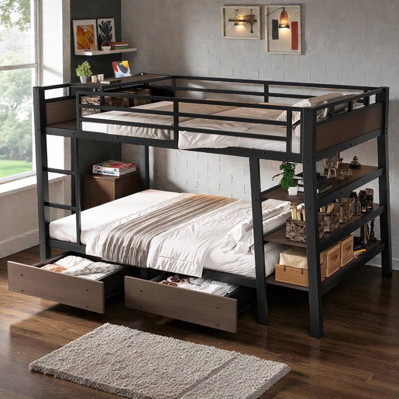 Twin/Full Metal Bunk Bed with Storage Shelves, Drawers, LED Light Strip, USB Power Outlet & Sturdy Guardrail Design