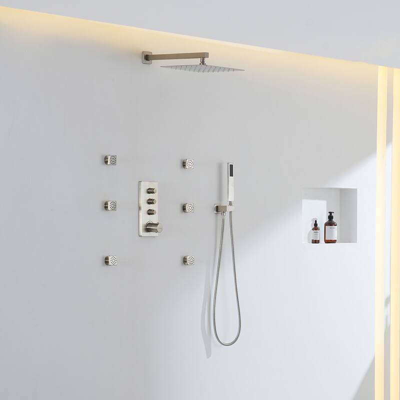 3 Functions 12 Inch Wall Mount Thermostatic Shower System in Brushed Nickel - Brushed Nickel