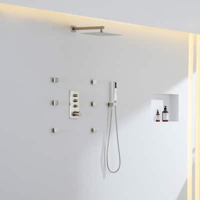 3 Functions 12 Inch Wall Mount Thermostatic Shower System in Brushed Nickel
