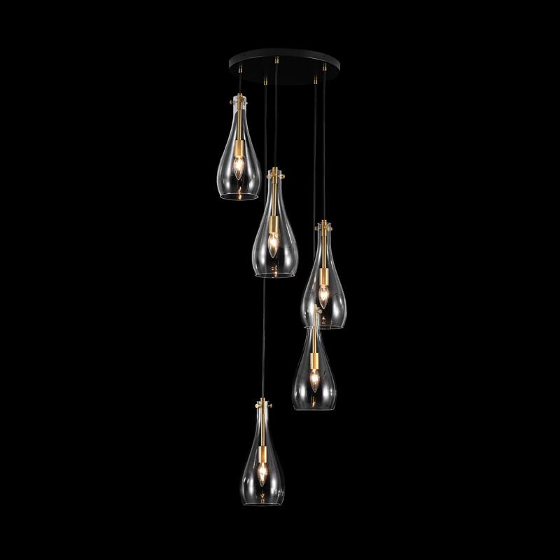 5-Light Modern Black Cluster Raindrop Clear Glass Chandelier for Kitchen Island, Staircase, Hallwya