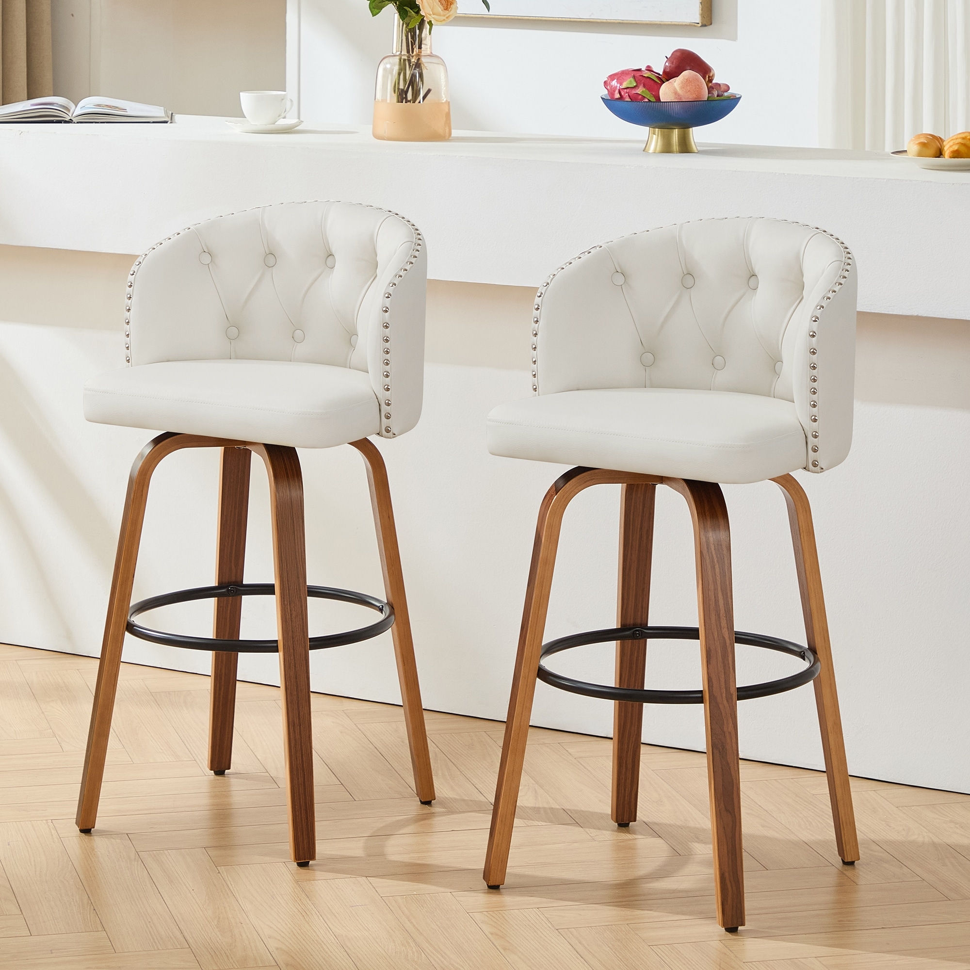 Faux Leather Upholstered Wood Frame Swivel Counter Stools / Bar Stools, Set of 2