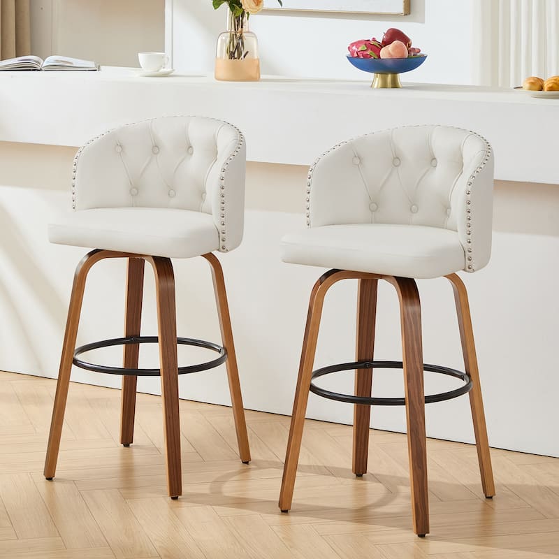 Faux Leather Upholstered Wood Frame Swivel Counter Stools / Bar Stools, Set of 2 - White - Bar Height