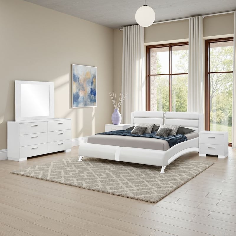 Zor 4pc King Size Bedroom Set, White Faux Leather and LED Mirror