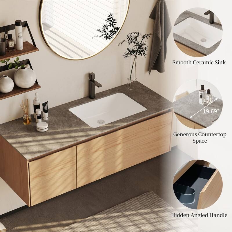 47.24 Single Bathroom Vanity, Modern, Gray Stone Stop, Light Solid Wood