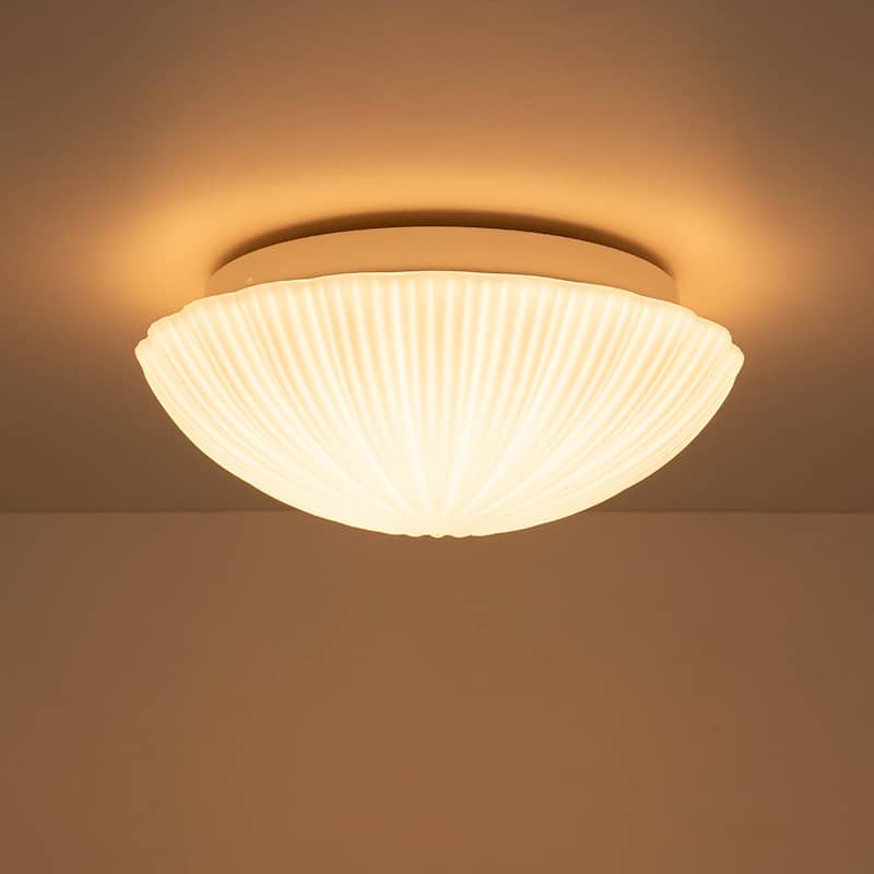 Dimmable LED White Flower Pleated Ribbed Glass Round Ceiling Light - 13.2 Inches