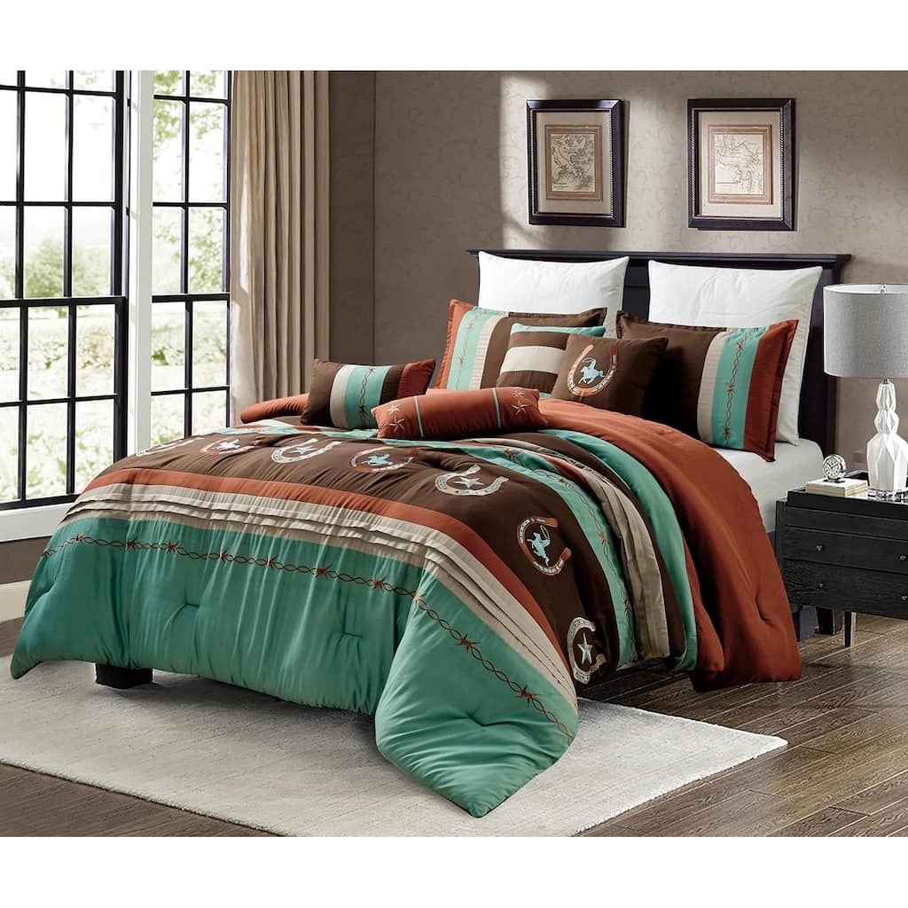 7 Piece Brown & Teal Geometric Striped Comforter Set Embroidery Soft Bedding